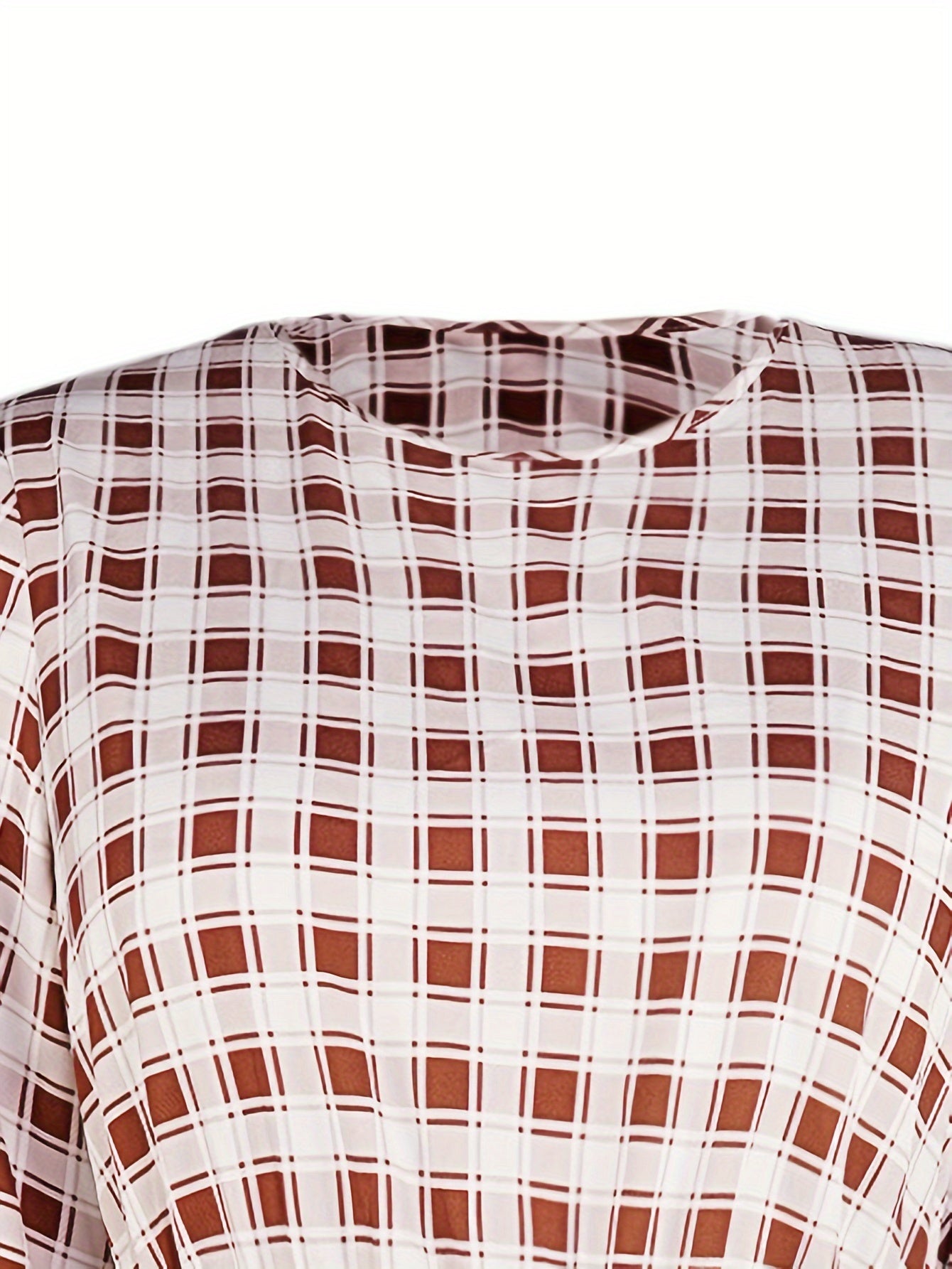 Plus Gingham Print Long Sleeve Round Neck Mini Dress