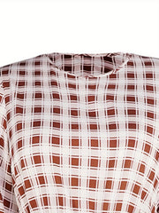 Plus Gingham Print Long Sleeve Round Neck Mini Dress