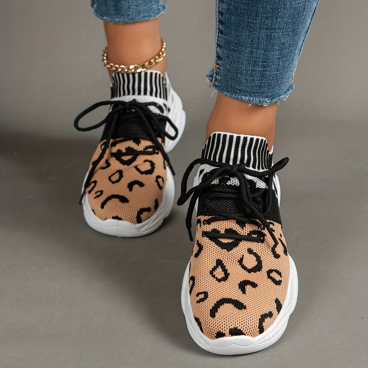 Leopard Print Platform Sneakers Knit Lace Up Outdoor Shoes