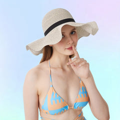 Wide Brim Sun Hat French Style Straw Ribbon Bowknot Travel Beach Hat