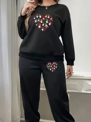 Women's Plus Gnomes & Heart Print Fleece Pullover & Joggers Set