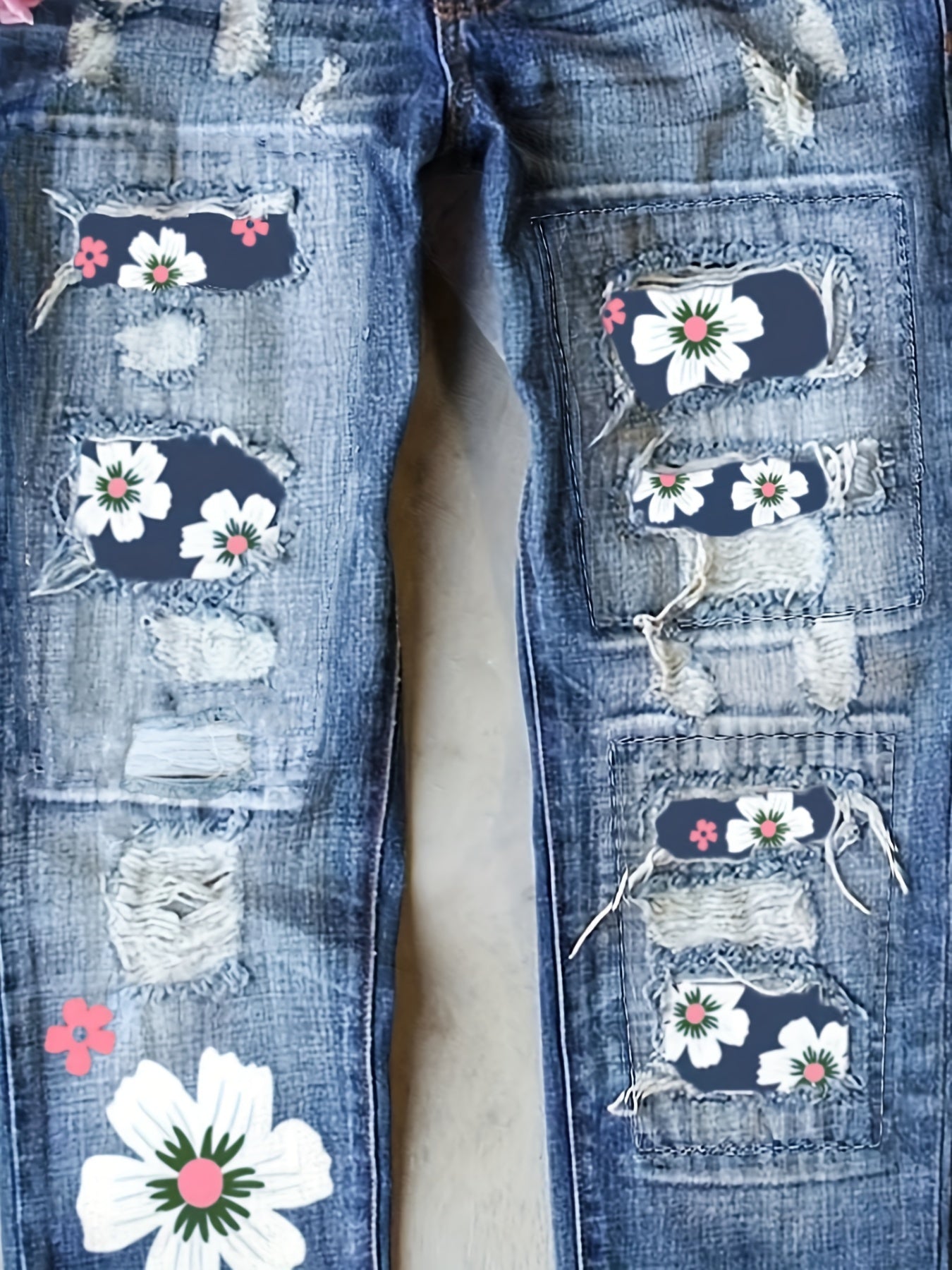 Floral Print Ripped Button Fly Jeans
