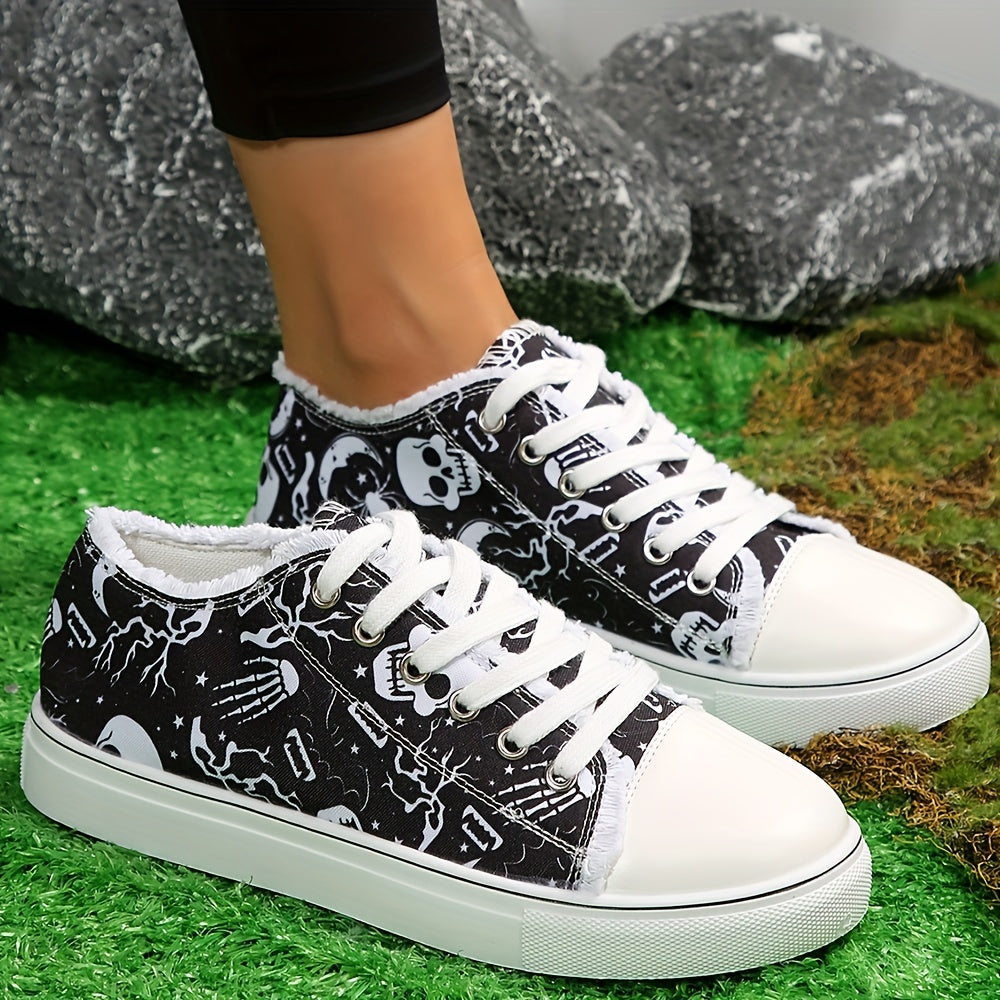 Halloween Skull Print Flat Shoes Women's Casual Lace Up Low Top