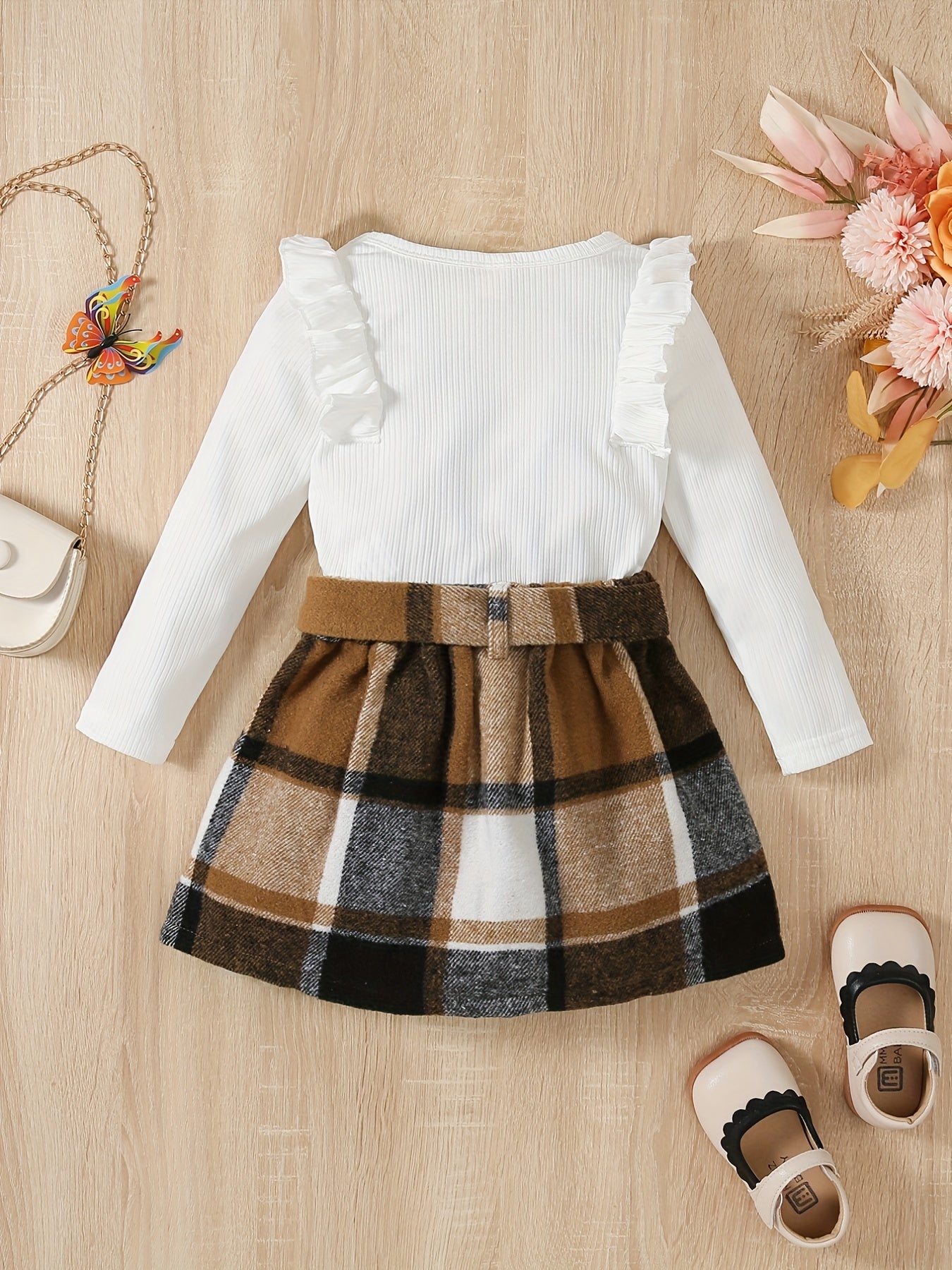Baby Girls Knitted Ruffle Top & Plaid Skirt Set