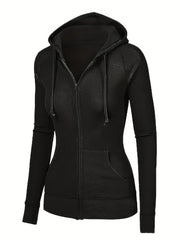 Solid Zipper Kangaroo Pocket Hoodie Casual Drawstring Hoodies