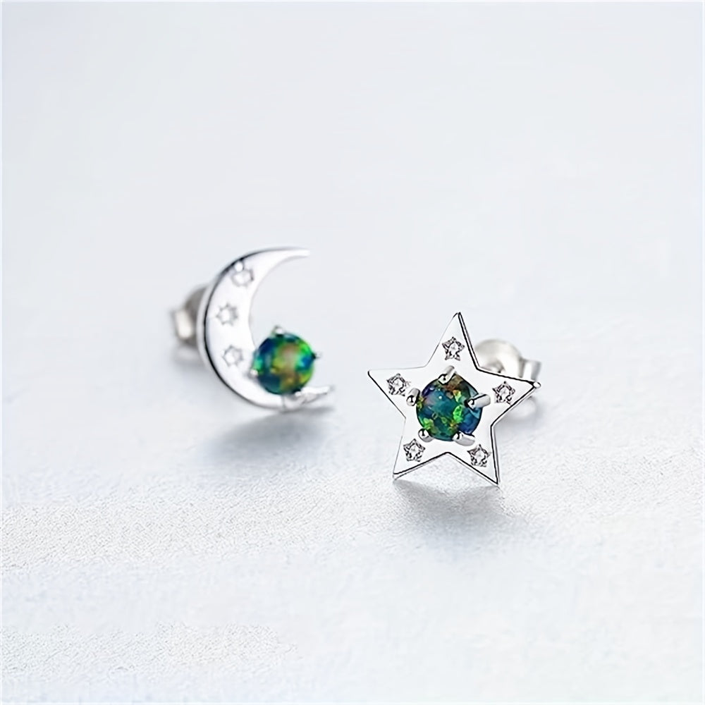 Girl's 925 Silver Star Moon Asymmetrical Stud Earrings