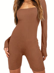 Ribbed Square Neck Long Sleeve Jumpsuit Solid Romper