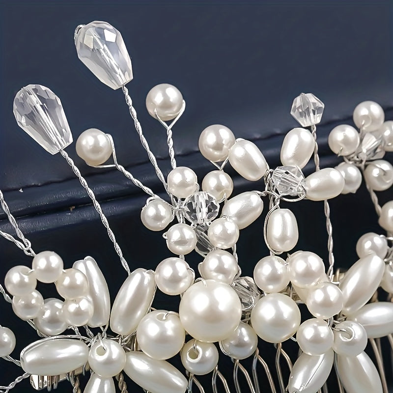 Bride Silver Wedding Hair Comb Hair Pieces Clip Pearl Rhinestones Crystal