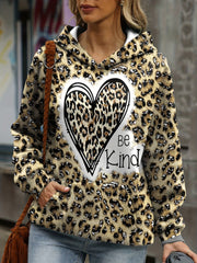 Heart & Leopard Print Hoodie with Kangaroo Pocket
