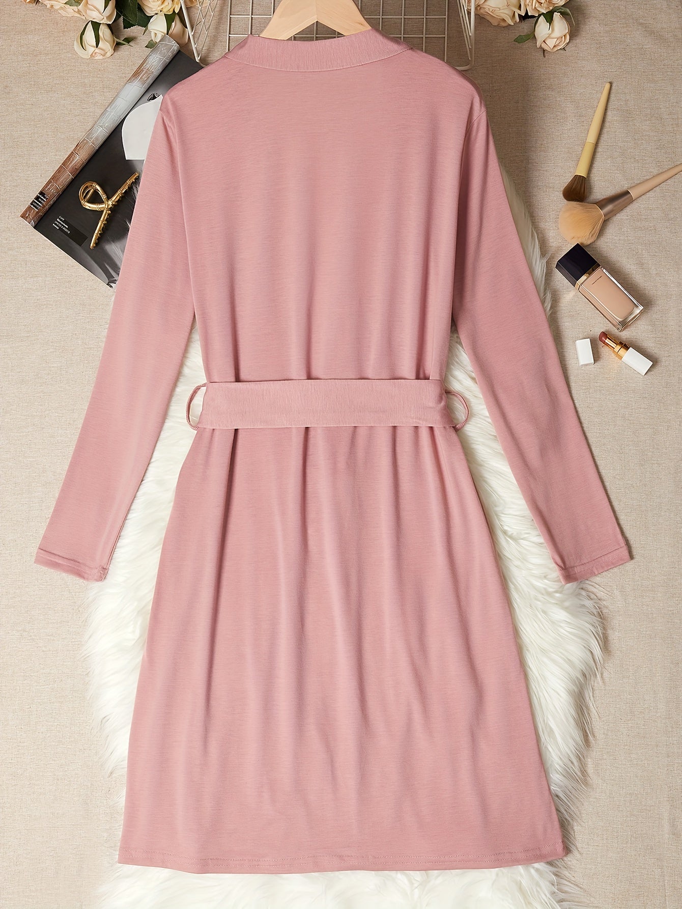 Women's Solid Night Robe Long Sleeve V Neck With Belt