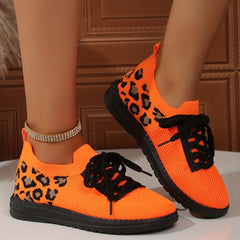 Leopard Print Sneakers Breathable Knit Lace Up Lightweight Shoes