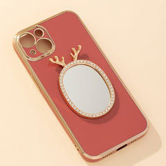 Deer Horn & Rhinestone Small Mirror Cosmetic Touch up Mirror Adhesive Sticker