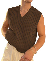 Men's Retro Style V Neck Knitted Vest in Stripe Textured Pattern