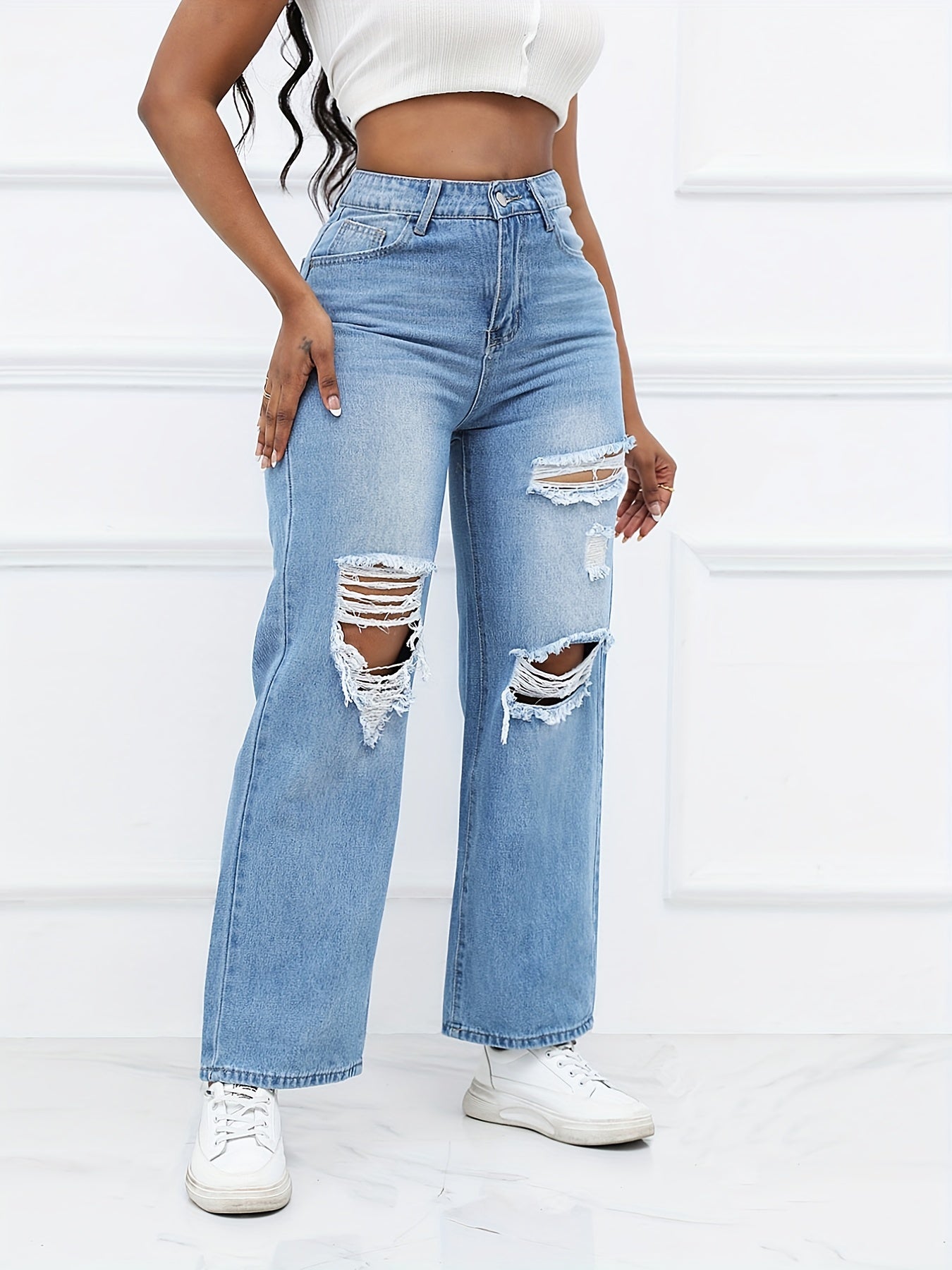 Distressed High Waist Straight Jeans Wide Leg Denim Pants