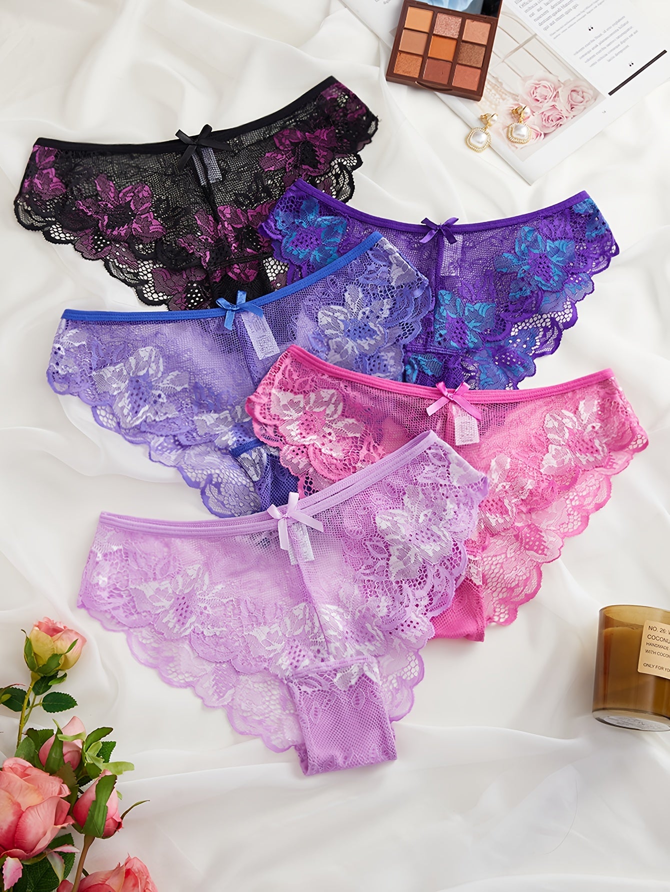 5pcs Floral Lace Trim Briefs Comfy Breathable Stretchy Intimates Panties