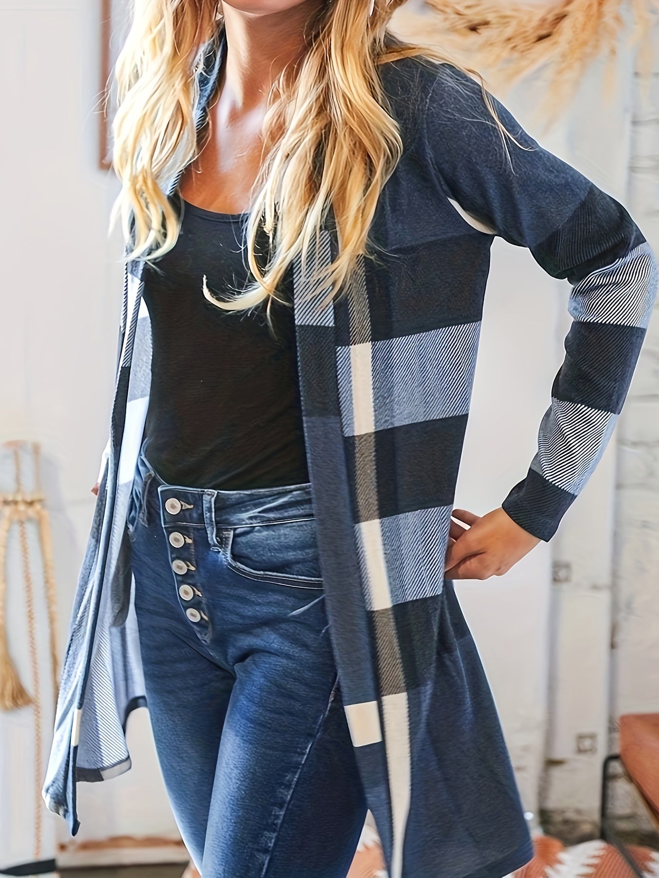 Plaid Print Long Sleeve Open Front Cardigan With Pockets