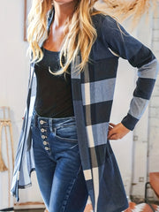 Plaid Print Long Sleeve Open Front Cardigan With Pockets