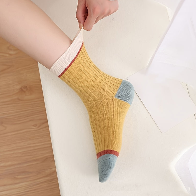 5pairs Colorblock Ribbed Cotton Blend Mid Tube Socks
