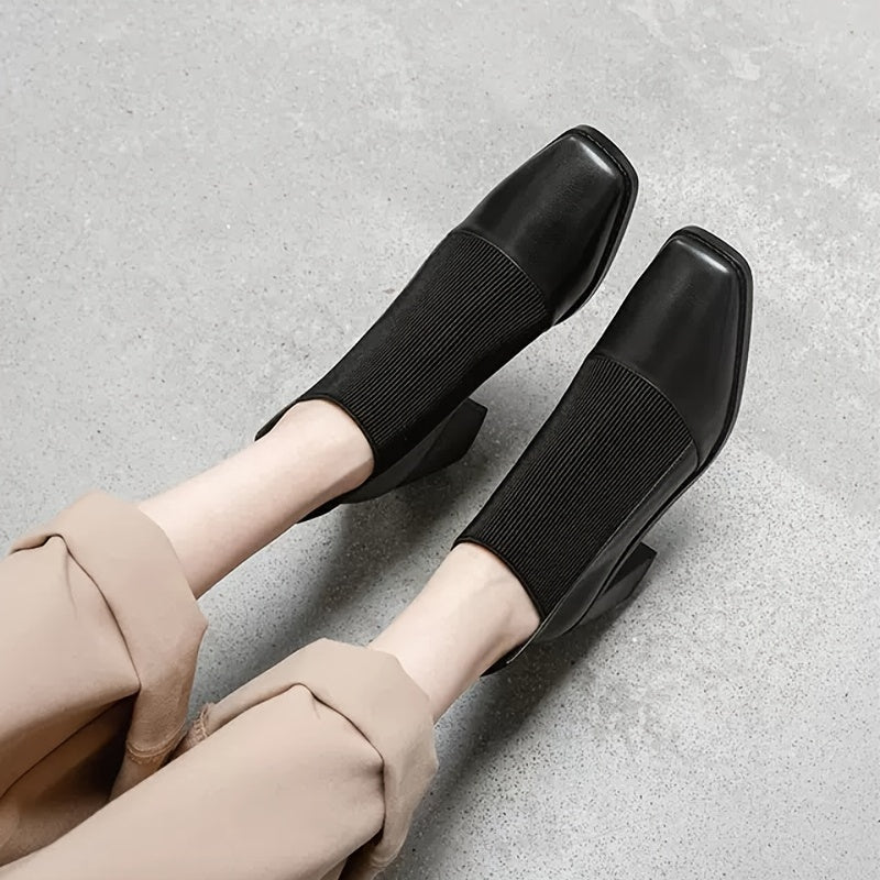 Women's Chunky Heel Ankle Boots Square Toe Knitted Slip On High Heels