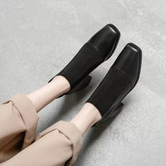 Women's Chunky Heel Ankle Boots Square Toe Knitted Slip On High Heels