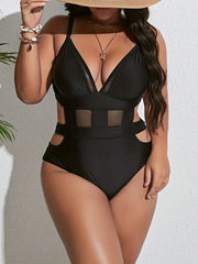 Sexy Swimsuit Women's Plus Mesh Cut Out Deep V Neck One Piece