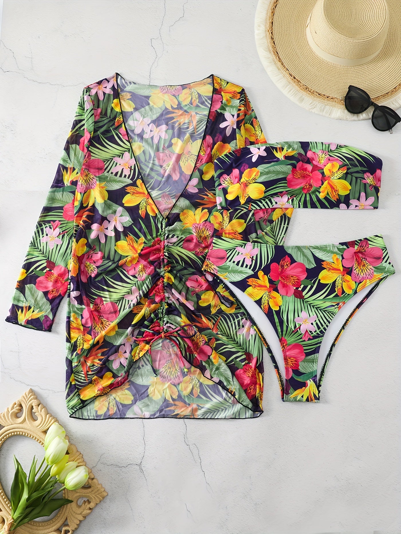 Vacay Bikini Set Plus Tropical Print Lace Cover Up & Tube Bra