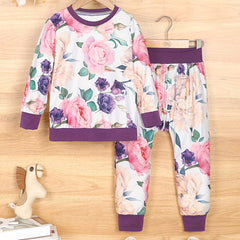 Autumn Vintage Flower Print Set Long Sleeve Sweatshirt Pants For Baby Girls