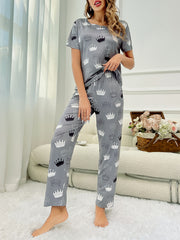 Crown Print Pajama Set Short Sleeve Top & Lounge Pants