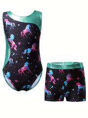 Girls 2pc Gymnastics Training Sets Sleeveless Athletic Jumpsuit & Shorts