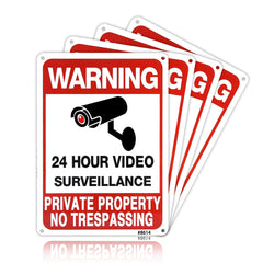 4pcs No Trespassing Signs Private Metal 24 Hour Video Surveillance Signs