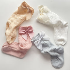 Girls Knit Hollow Out Socks with Bow for Autumn and Spring Kids