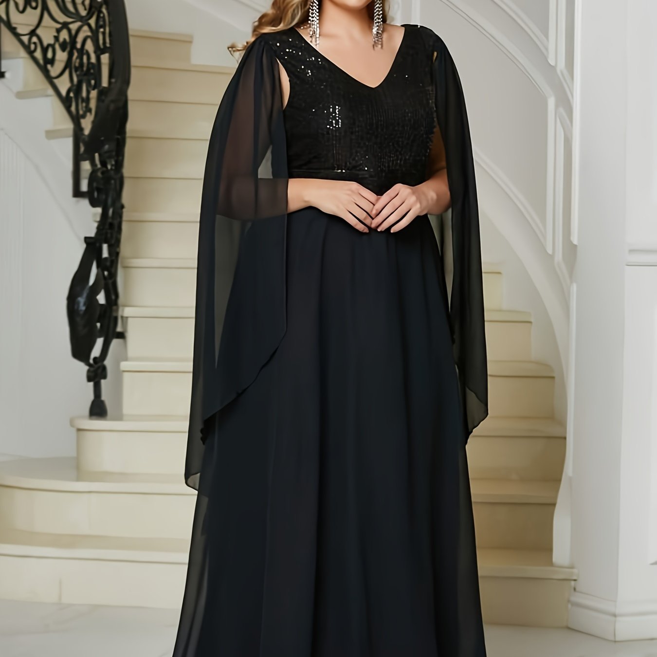 Sequin Decor Cloak Sleeve V Neck Maxi Evening Formal Dress