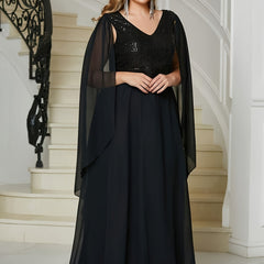 Sequin Decor Cloak Sleeve V Neck Maxi Evening Formal Dress