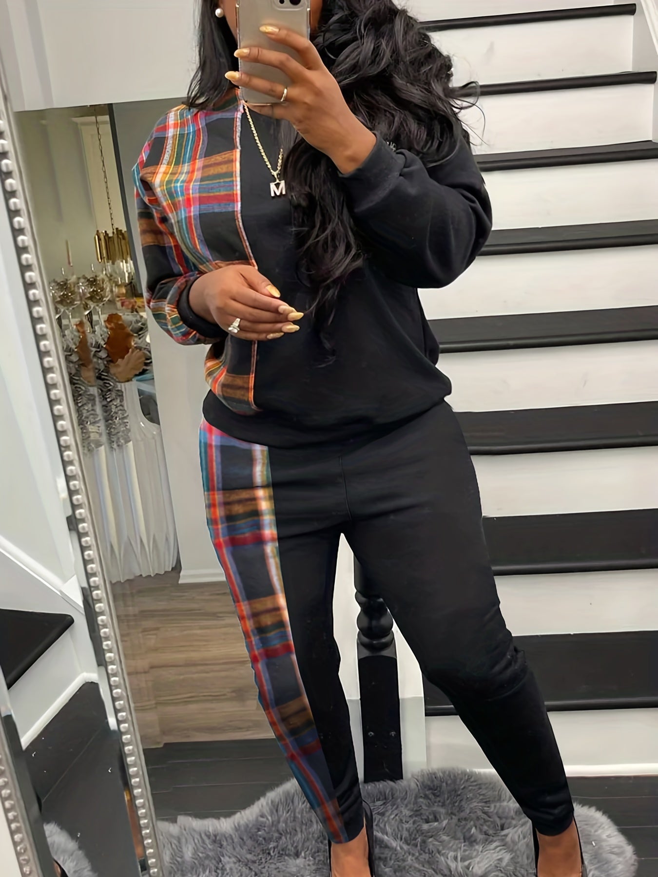 Women's Plus Colorblock Plaid Print Sweatshirt & SweatPants Set