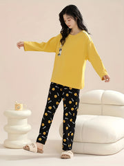 Cartoon Dog Print Pajama Set Long Sleeve Top & Pants