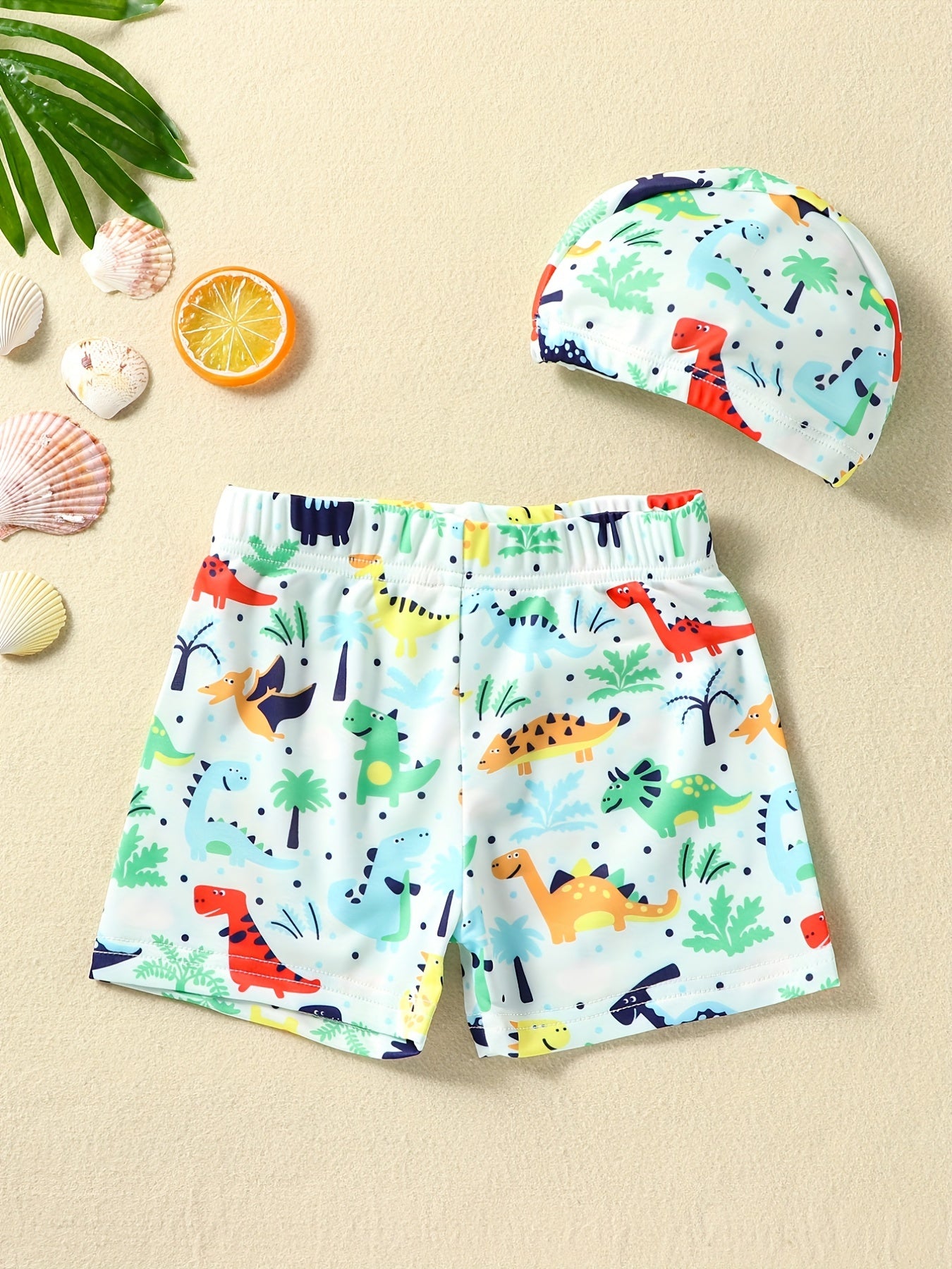 Boys Dino Swim Trunks & Cap Set for Beach Vacation