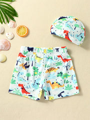 Boys Dino Swim Trunks & Cap Set for Beach Vacation
