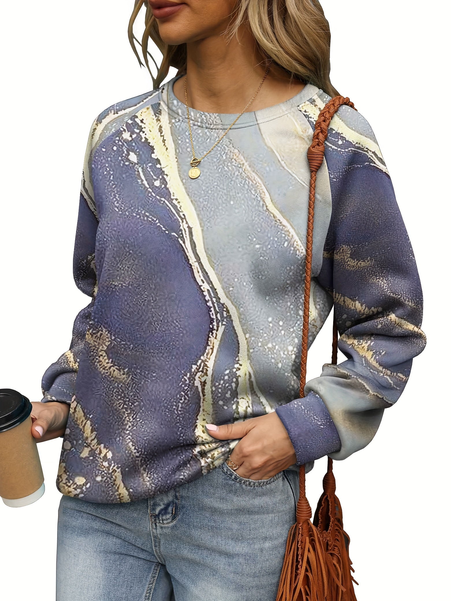 Marble Print Pullover Sweatshirt for Fall & Winter