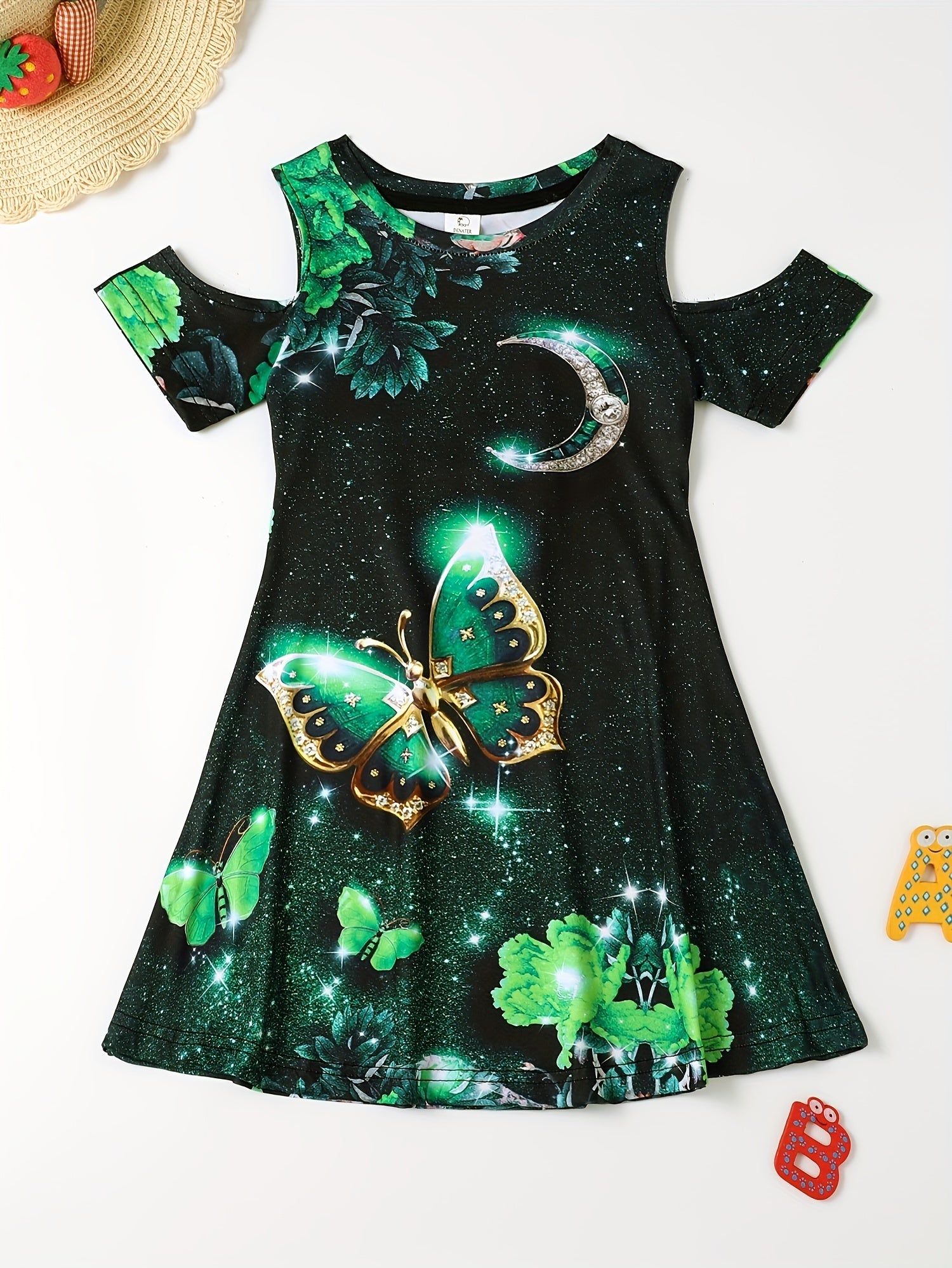 Girls 3D Butterfly Cold Shoulder Dress Summer Party Gift