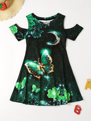 Girls 3D Butterfly Cold Shoulder Dress Summer Party Gift