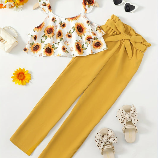 2pcs Girls Sunflower Ruffle Trim Tops & Belted Pants Set