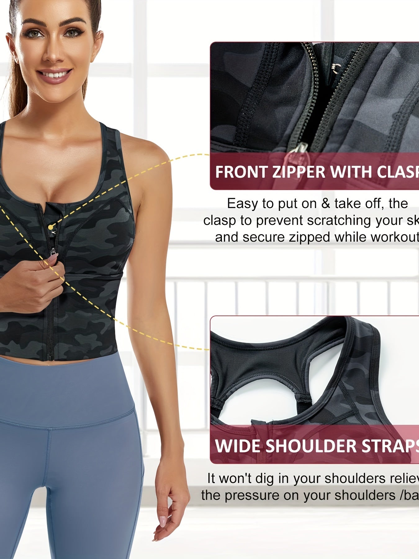 Zip Front Longline Padded Sports Bra for Women