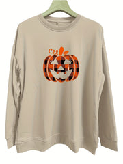 Halloween Pumpkin Print Crew Neck Sweatshirt for Women