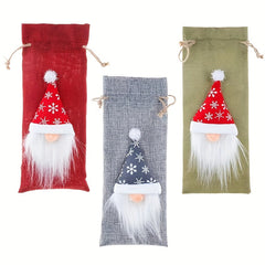 Christmas Linen Wine Bottle Bags Set - Old Man Faceless Doll Red Wine Clothing