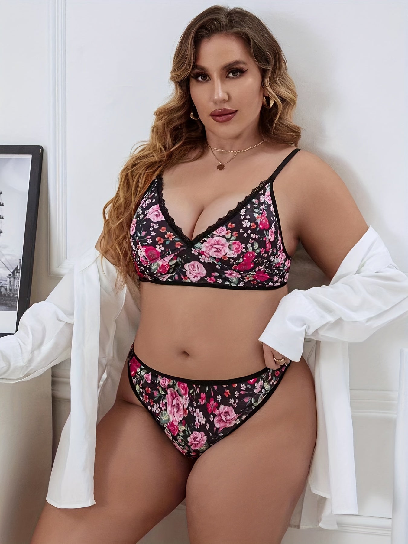 Floral Print Lace Bralette & Panty Set