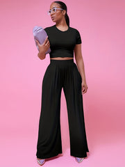 Casual Crew Neck Tee & Wide Leg Pants Set