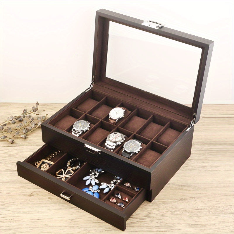 12 Slot Watch Box With Drawer Display Storage Men's Accessory