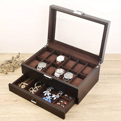 12 Slot Watch Box With Drawer Display Storage Men's Accessory