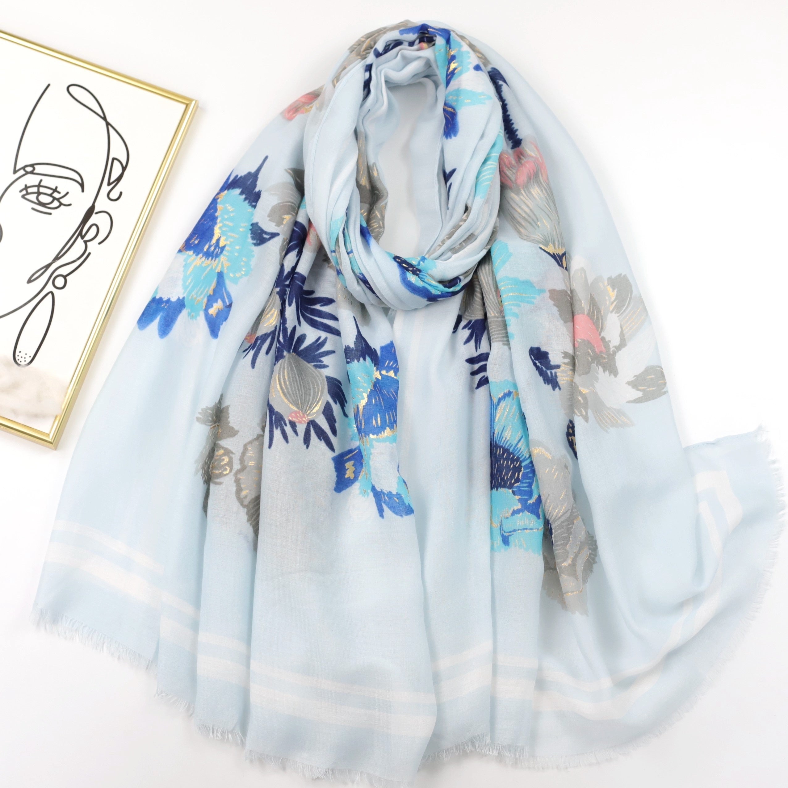Boho Flower Print Frayed Edge Scarf