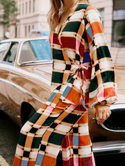 Women's Plus Colorful Plaid Print Lantern Sleeve Knot Side Wrap Top & Pants Set